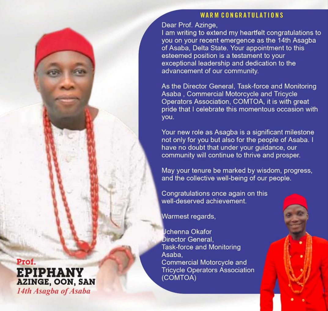 Uchenna Okafor Congratulates Prof. Epiphany Azinge, 14th Asagba of Asaba